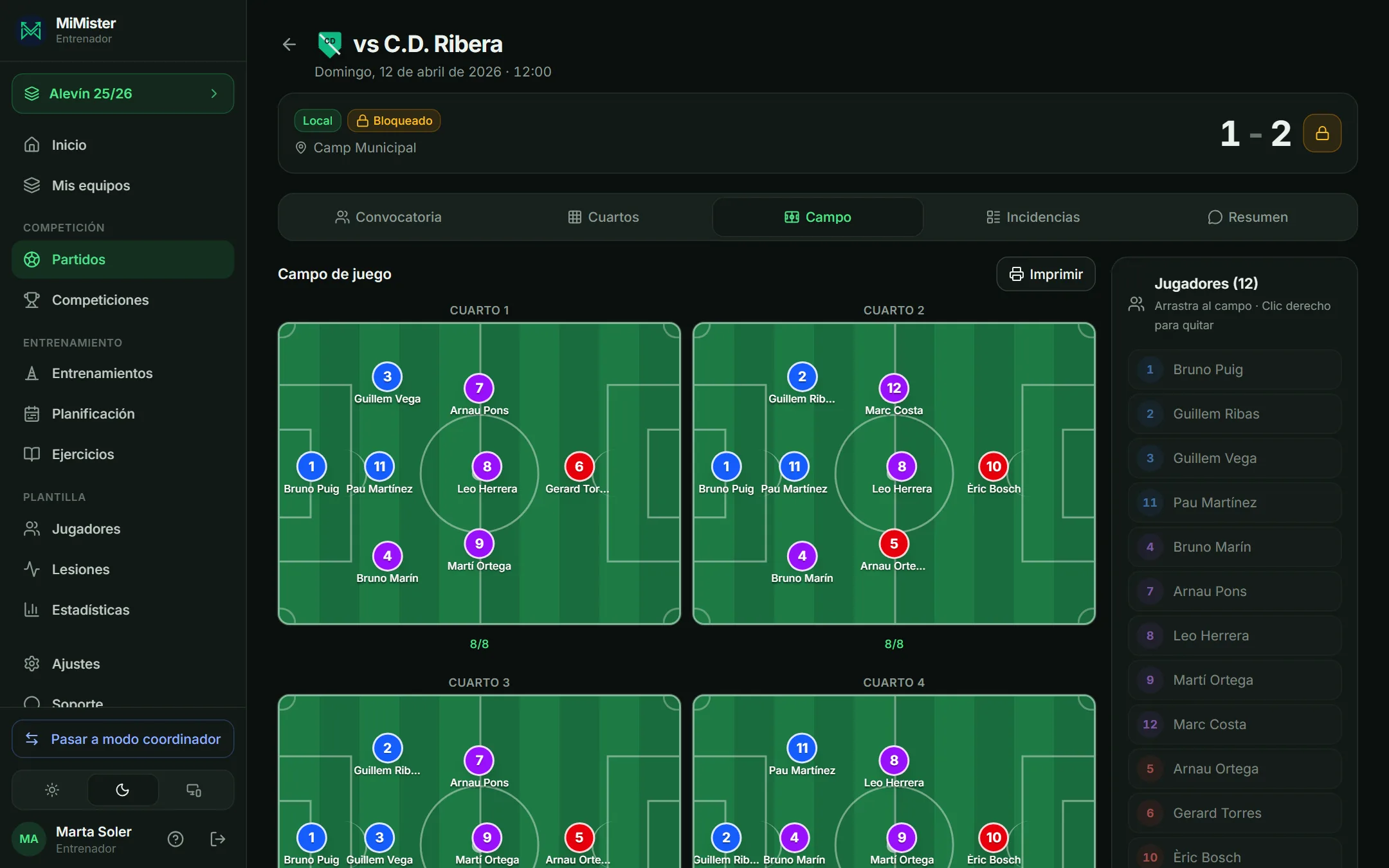 Vista de campo de un partido de fútbol 8, con la disposición de los jugadores en los cuatro cuartos