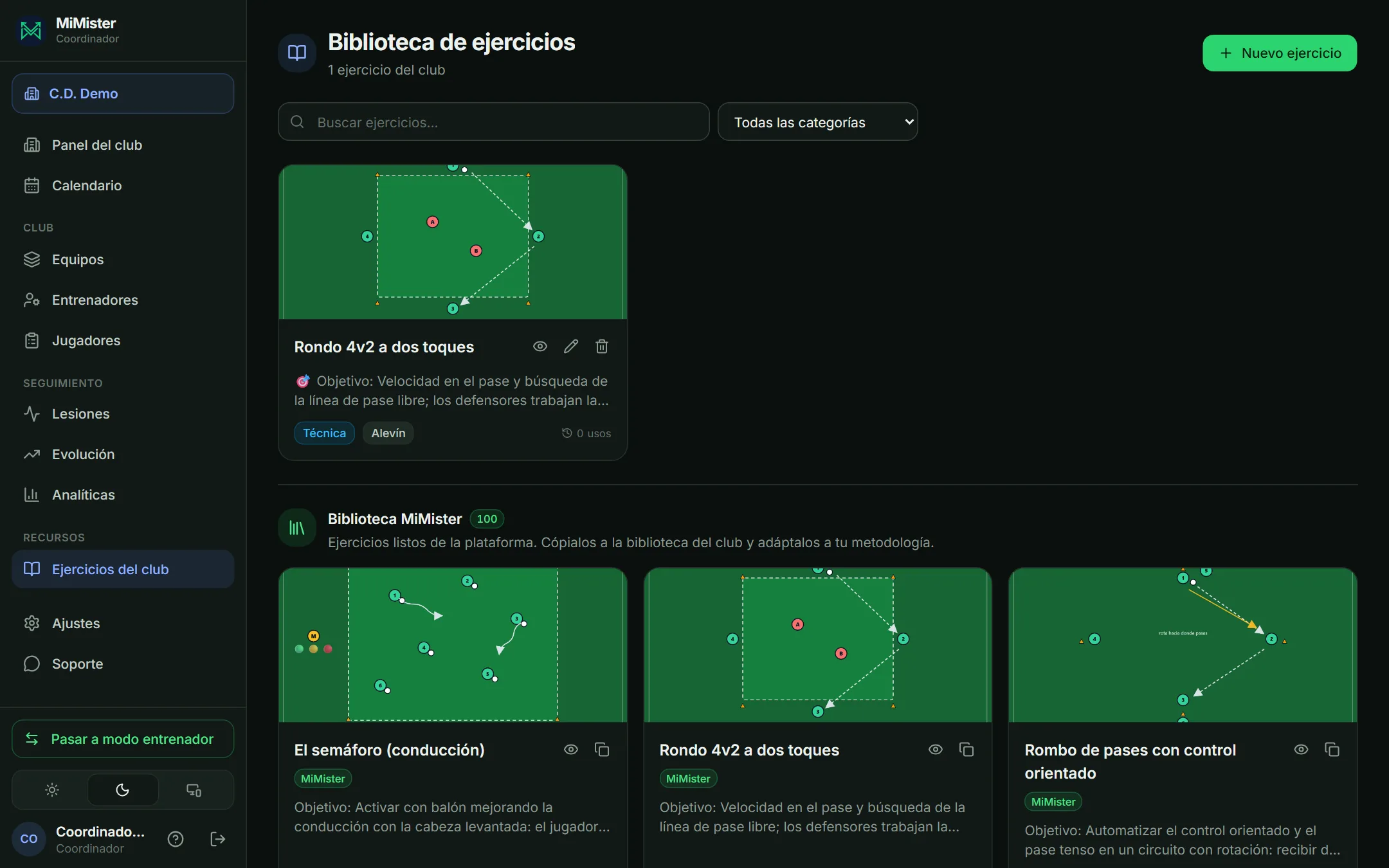 Biblioteca de ejercicios del club y biblioteca de MiMister, cada ejercicio con su diagrama