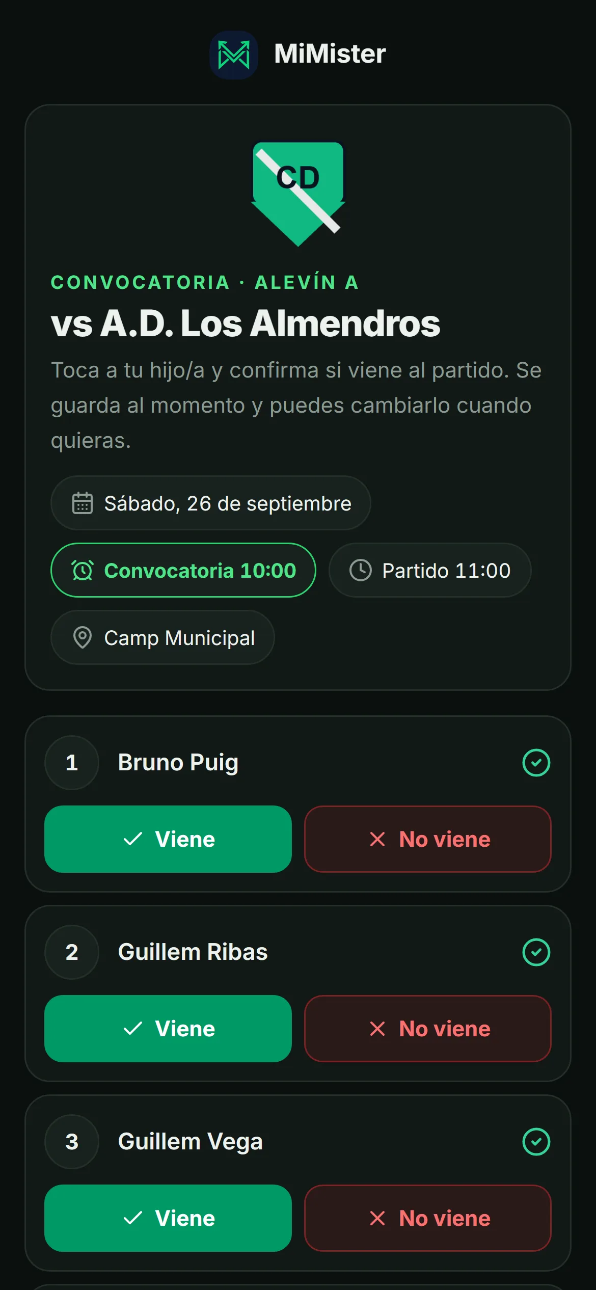 Página de MiMister en la que confirma la familia: el partido, la hora y un botón Viene / No viene por cada jugador