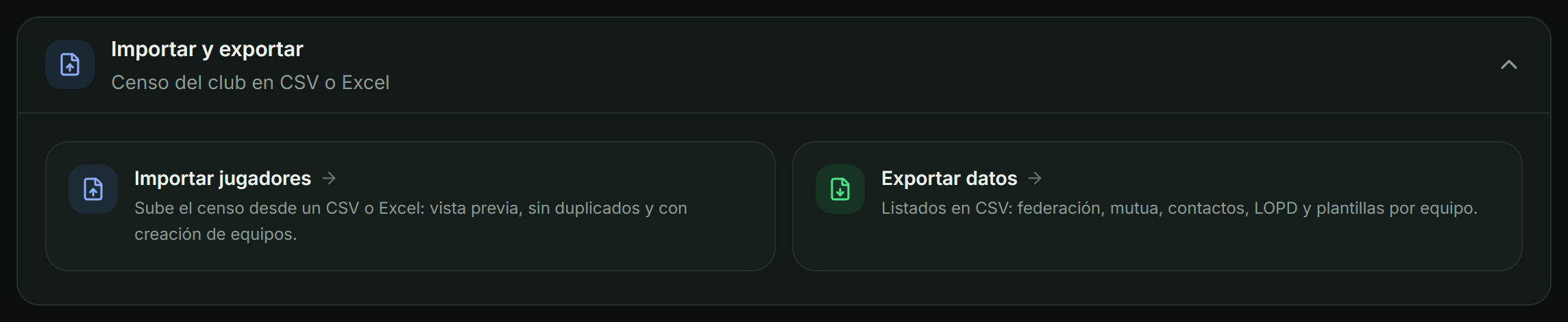 Sección «Importar y exportar» de Ajustes, con las tarjetas «Importar jugadores» y «Exportar datos».