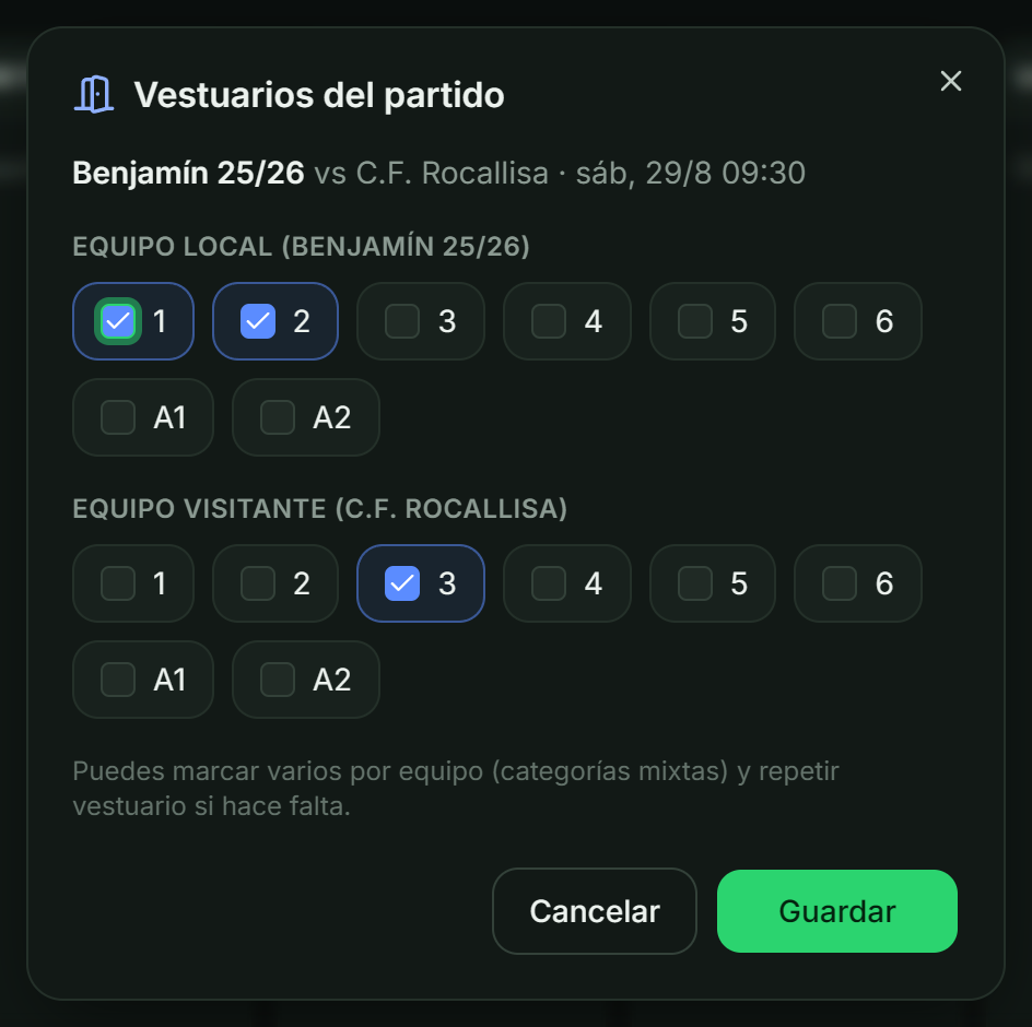 Diálogo «Vestuarios del partido»: los vestuarios del catálogo como casillas, en dos grupos (equipo local y equipo visitante), con Cancelar y Guardar.