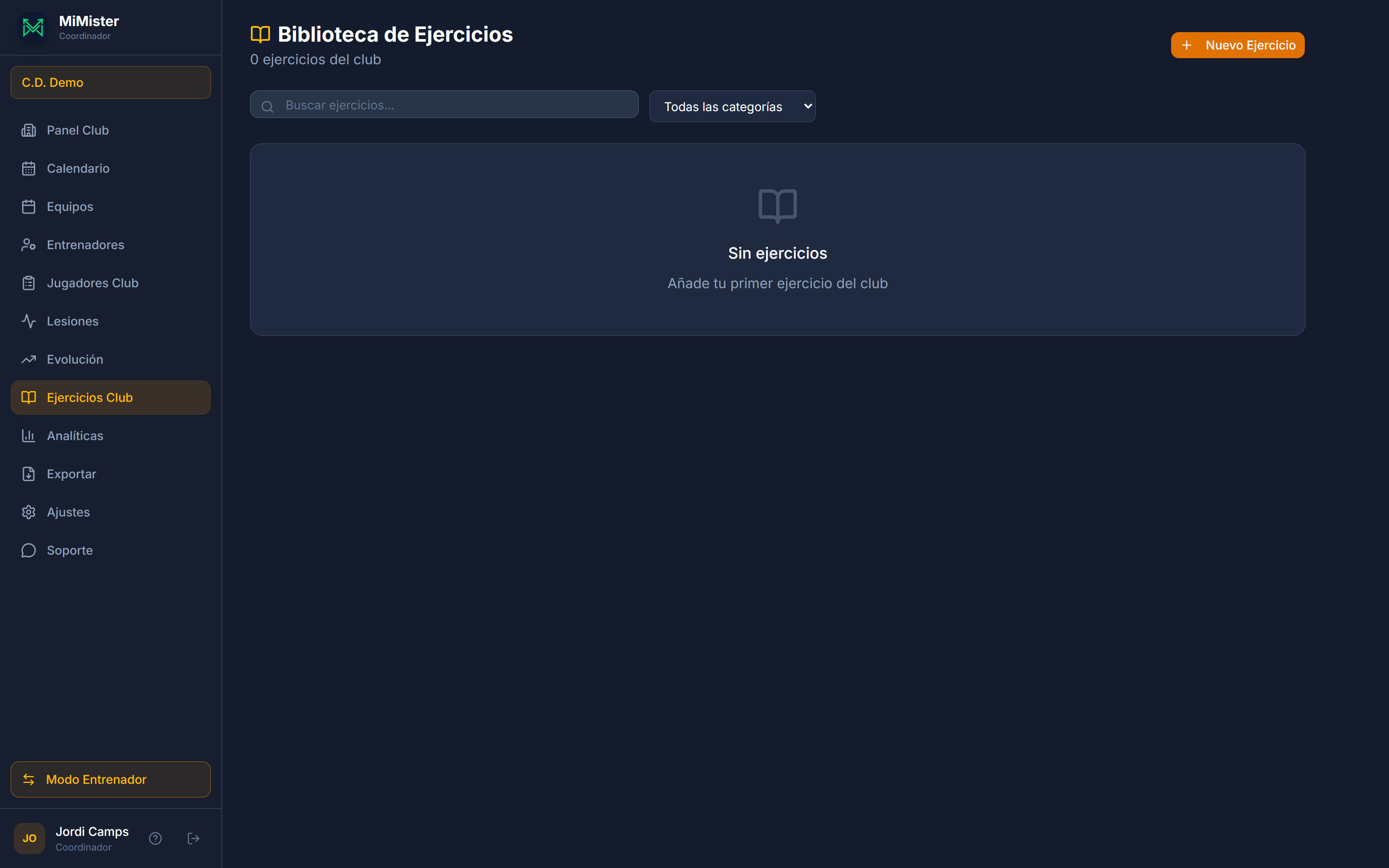 Biblioteca de ejercicios del club, compartida con todo el cuerpo técnico.