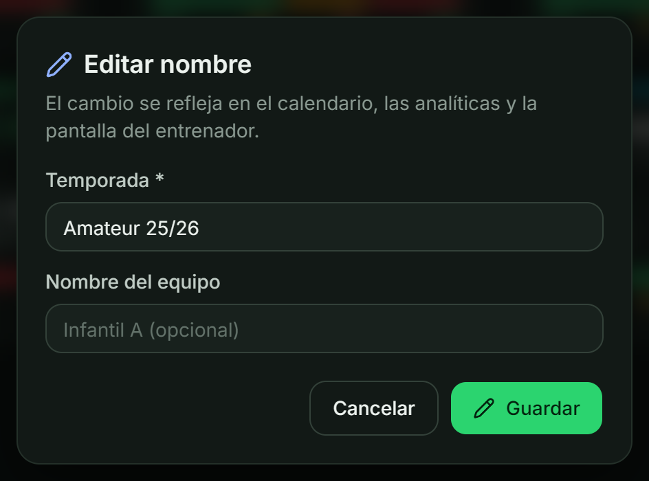 Diálogo «Editar nombre» con los campos Temporada y Nombre del equipo, y los botones Cancelar y Guardar.