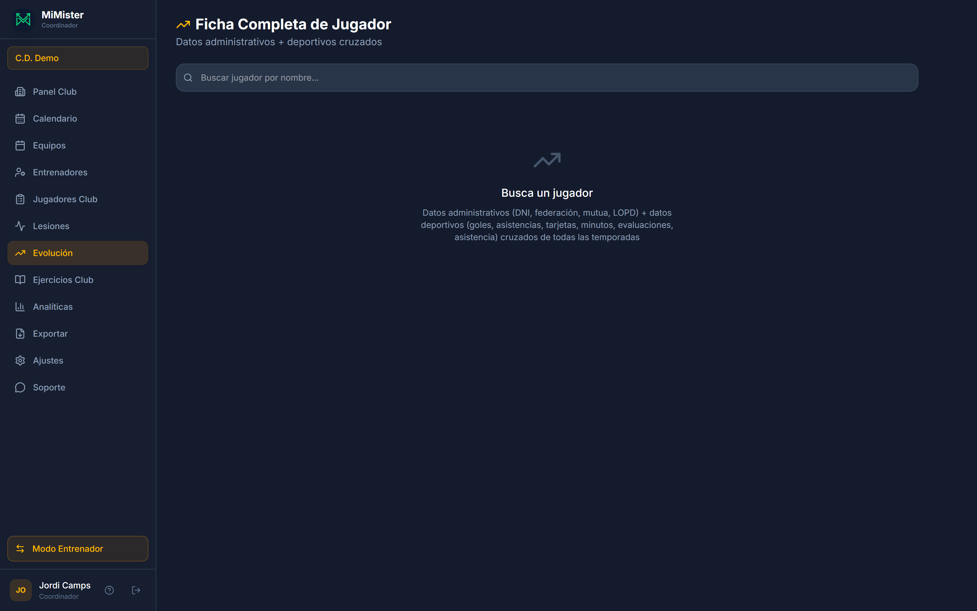 Ficha completa: totales de carrera, evolución por temporada y evaluaciones año a año.