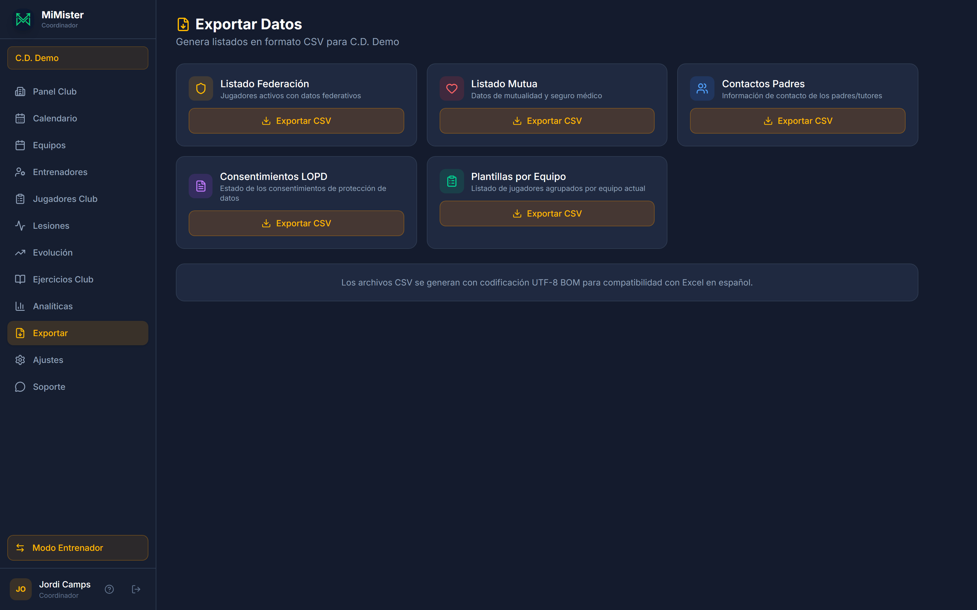 Cinco exportaciones CSV con las columnas necesarias para cada gestión del club.