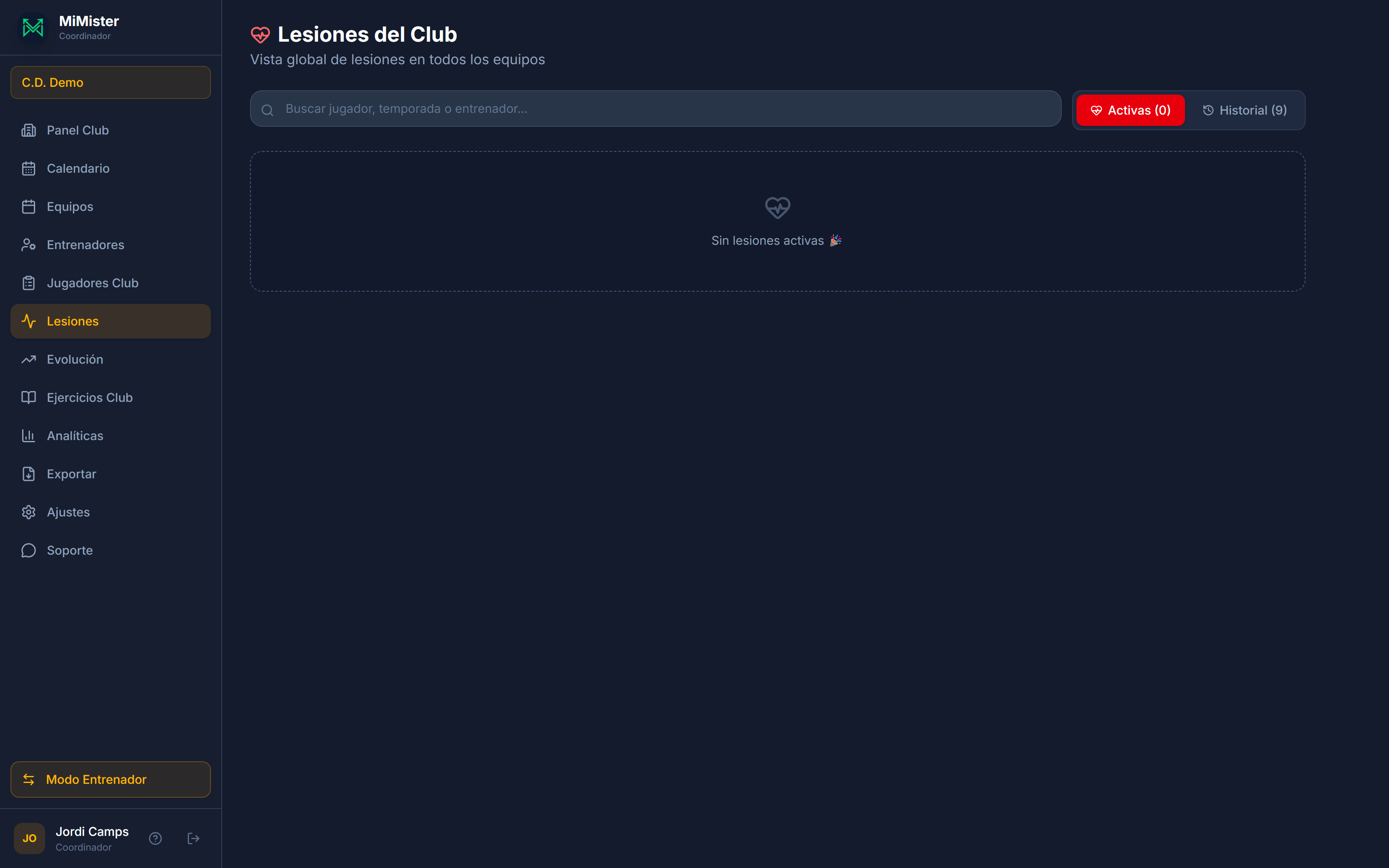 Lesiones del club: activas e historial, con días de baja y entrenador responsable.