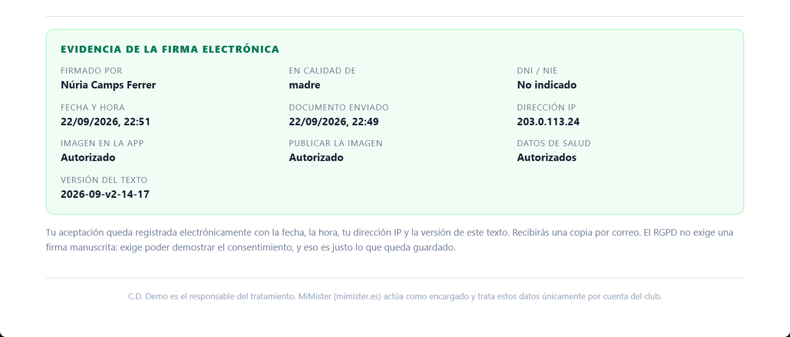 Final de la hoja A4: el recuadro «Evidencia de la firma electrónica» con firmado por, en calidad de, DNI, fecha y hora, documento enviado, dirección IP, los tres permisos y la versión del texto.