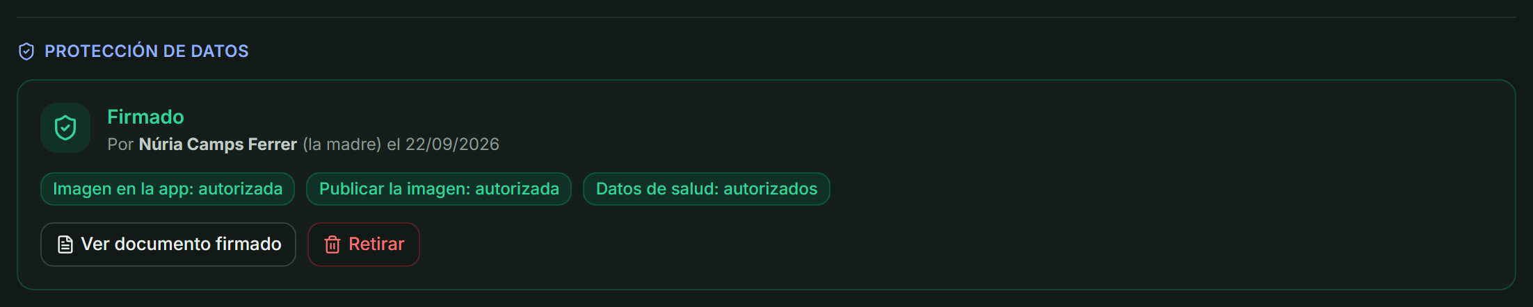 Bloque Protección de datos de una ficha firmada: «Firmado», por Núria Camps Ferrer (la madre) el 22/09/2026, los tres permisos autorizados y los botones Ver documento firmado y Retirar.