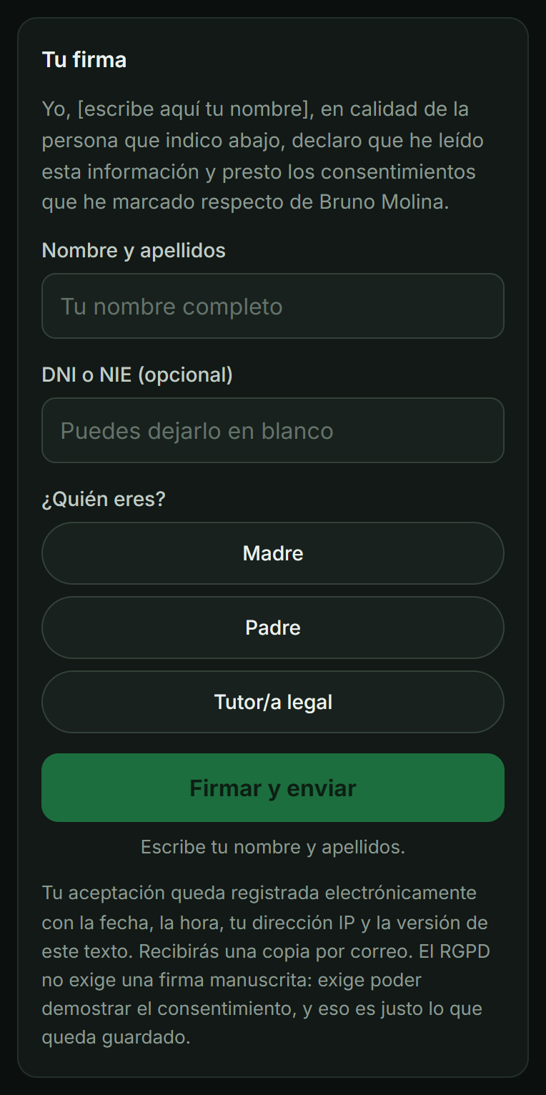«Tu firma»: la declaración, «Nombre y apellidos», «DNI o NIE (opcional)» y «¿Quién eres?» con Madre, Padre y Tutor/a legal; debajo, el botón «Firmar y enviar».