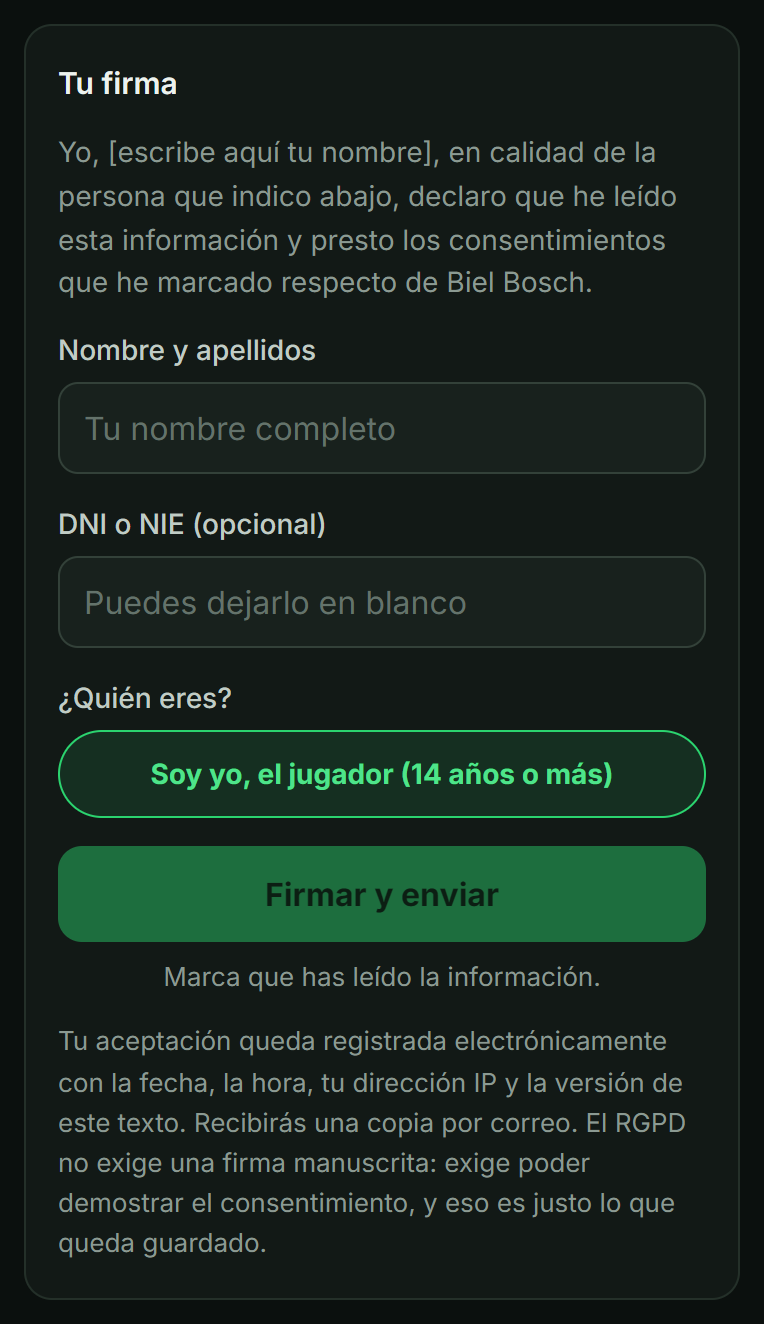 La firma desde el correo del jugador: la única opción en «¿Quién eres?» es «Soy yo, el jugador (14 años o más)».