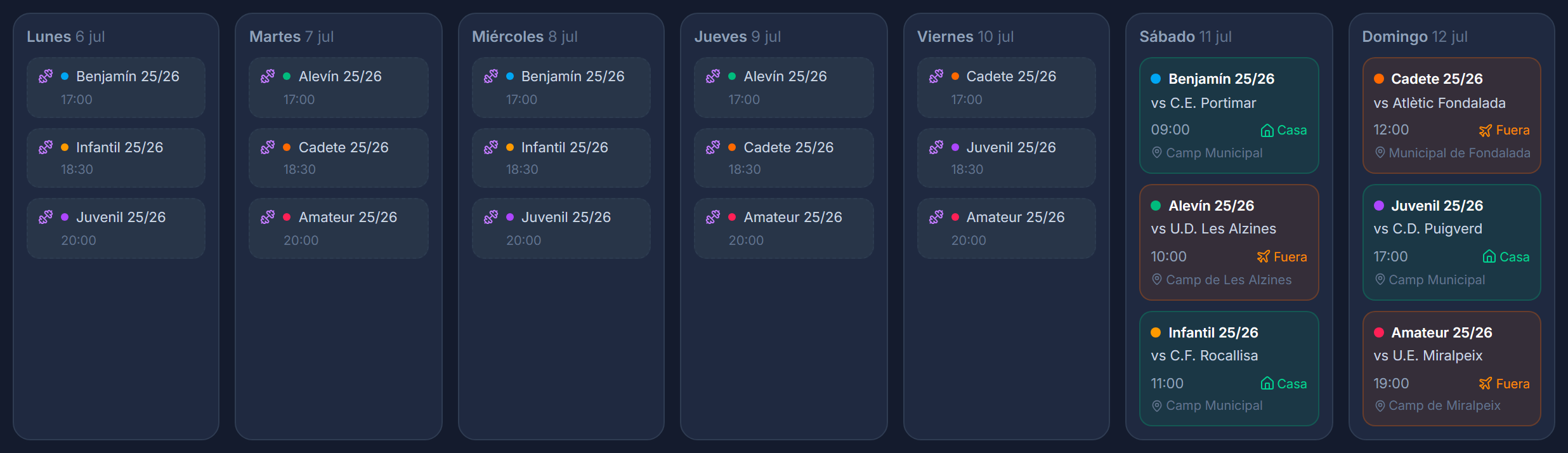 La semana del club: partidos (verde=casa, naranja=fuera, con resultado si se jugaron) y entrenos con su hora de inicio.