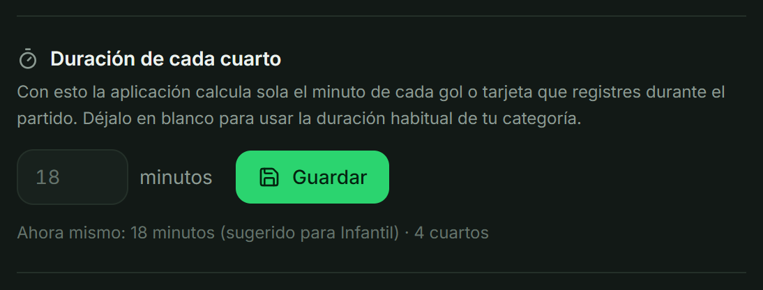 Ajustes › Equipo: campo de duración de cada cuarto, con la duración sugerida indicada debajo.