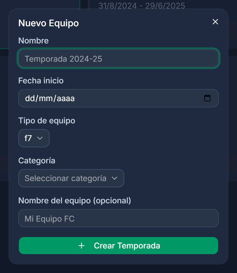 Alta de equipo: nombre, fecha de inicio, tipo (F7/F8/F11) y categoría.