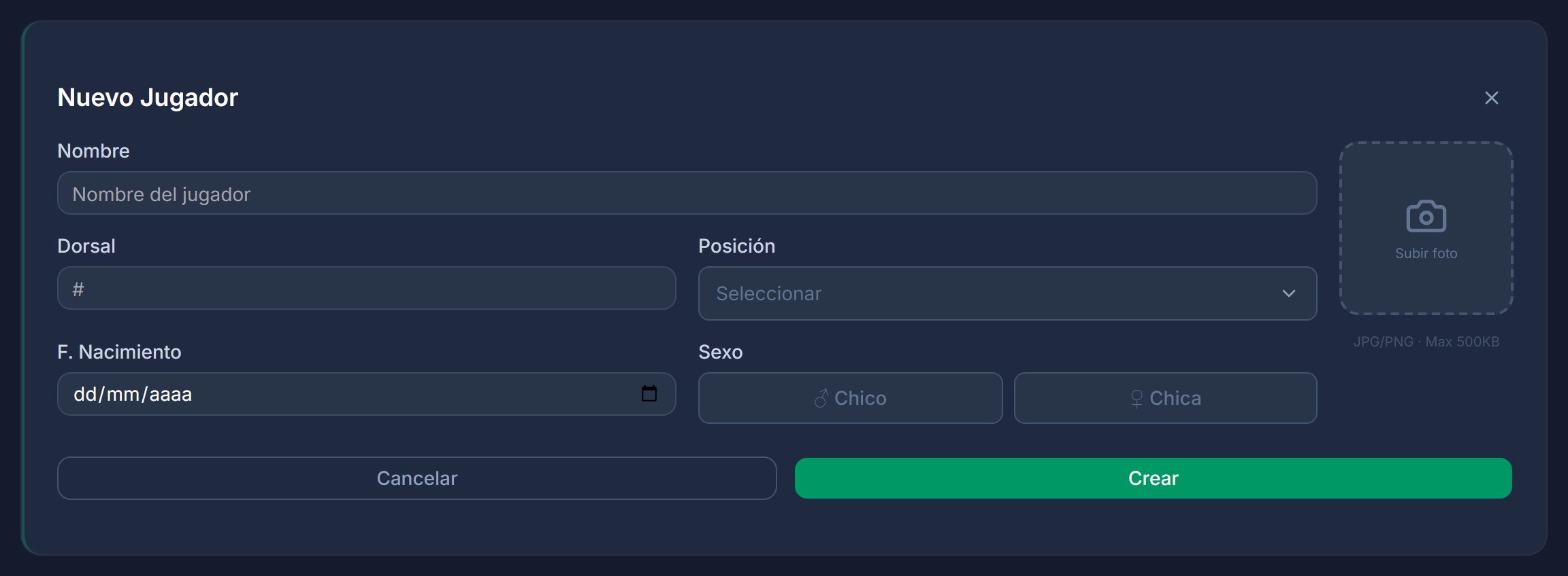 Alta/edición de jugador: nombre, dorsal, posición, fecha de nacimiento, sexo y foto.