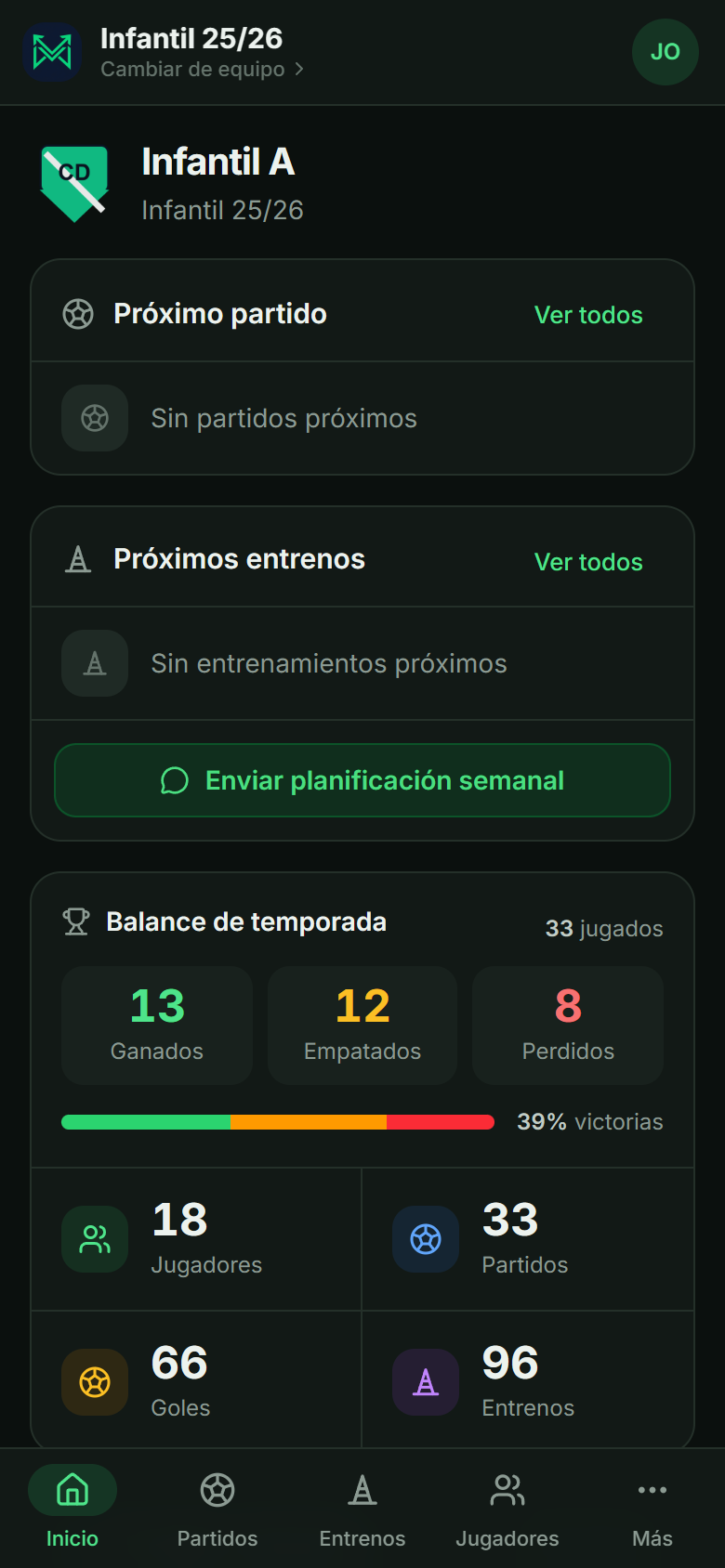 Inicio en el móvil, con el equipo activo arriba y la barra inferior: Inicio, Partidos, Entrenos, Jugadores y Más.
