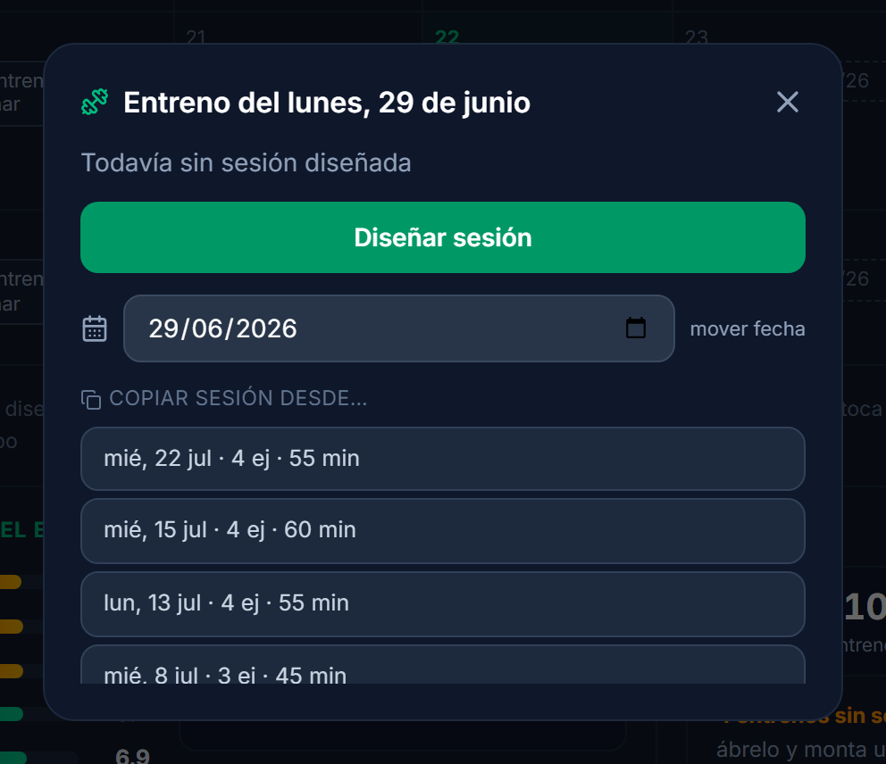 Menú de un entreno: diseñar la sesión, mover la fecha o copiar la sesión de otro día.