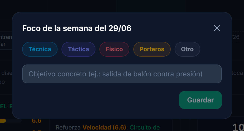 Editor del foco semanal: categoría y objetivo concreto del microciclo.