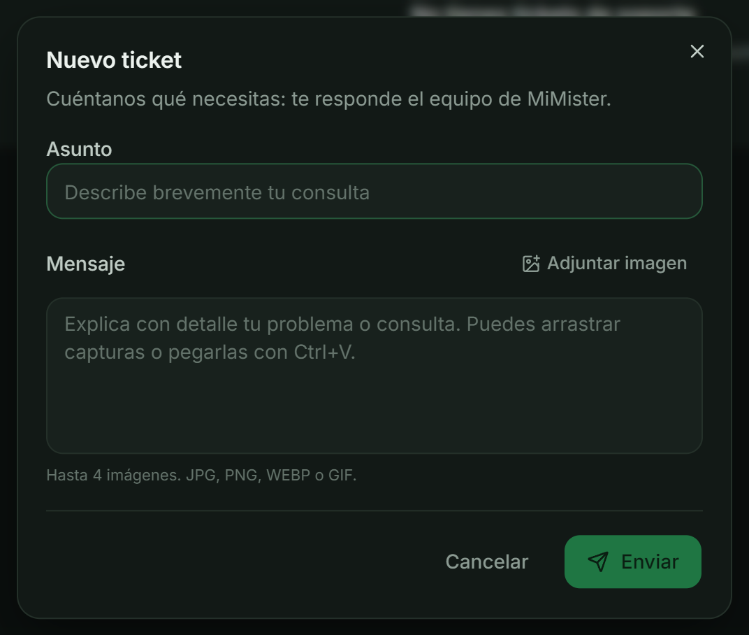 Diálogo «Nuevo ticket»: asunto, mensaje, adjuntar imagen y botón Enviar.