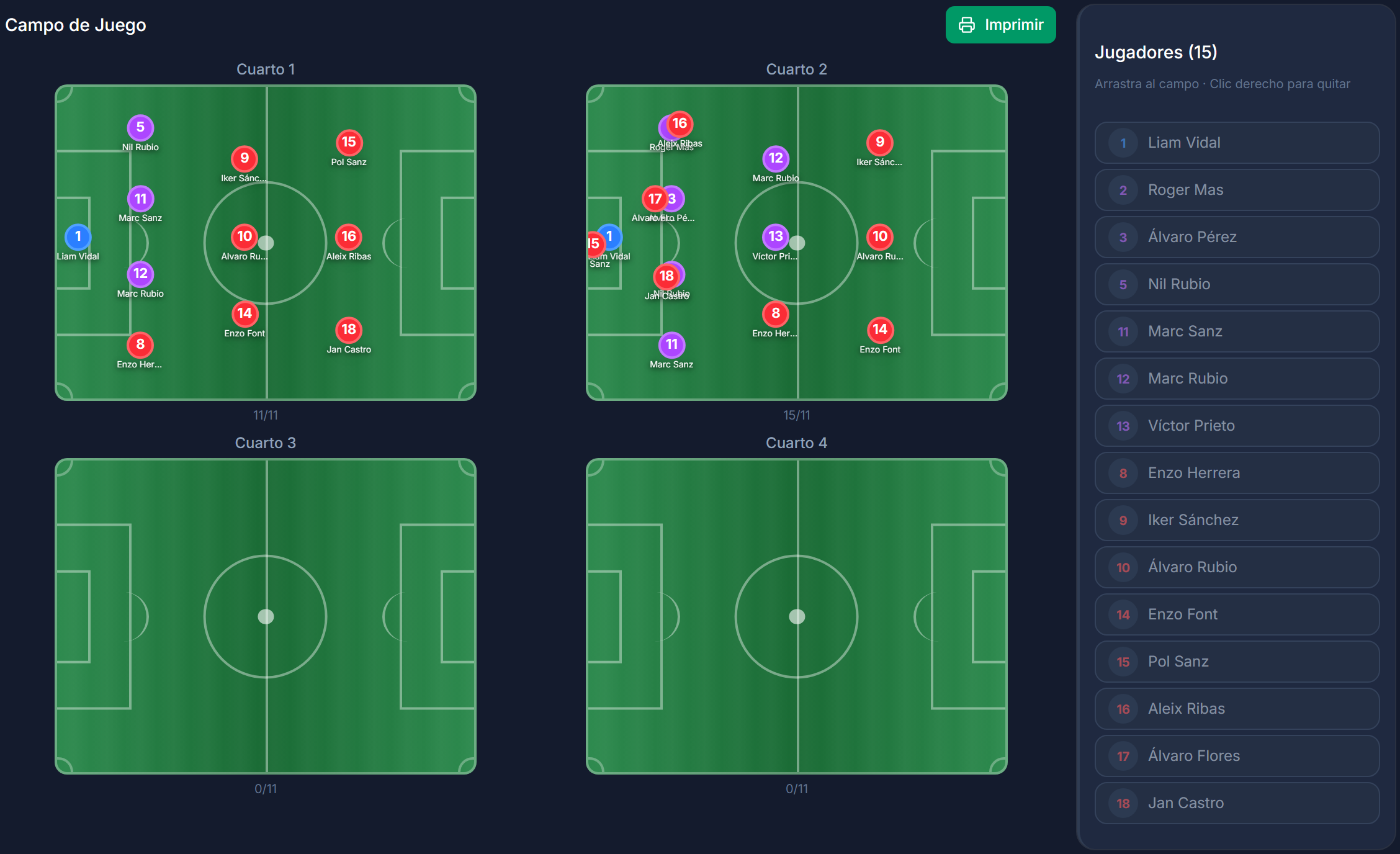 Campo táctico por cuartos: arrastra a cada jugador y luego imprime la disposición.