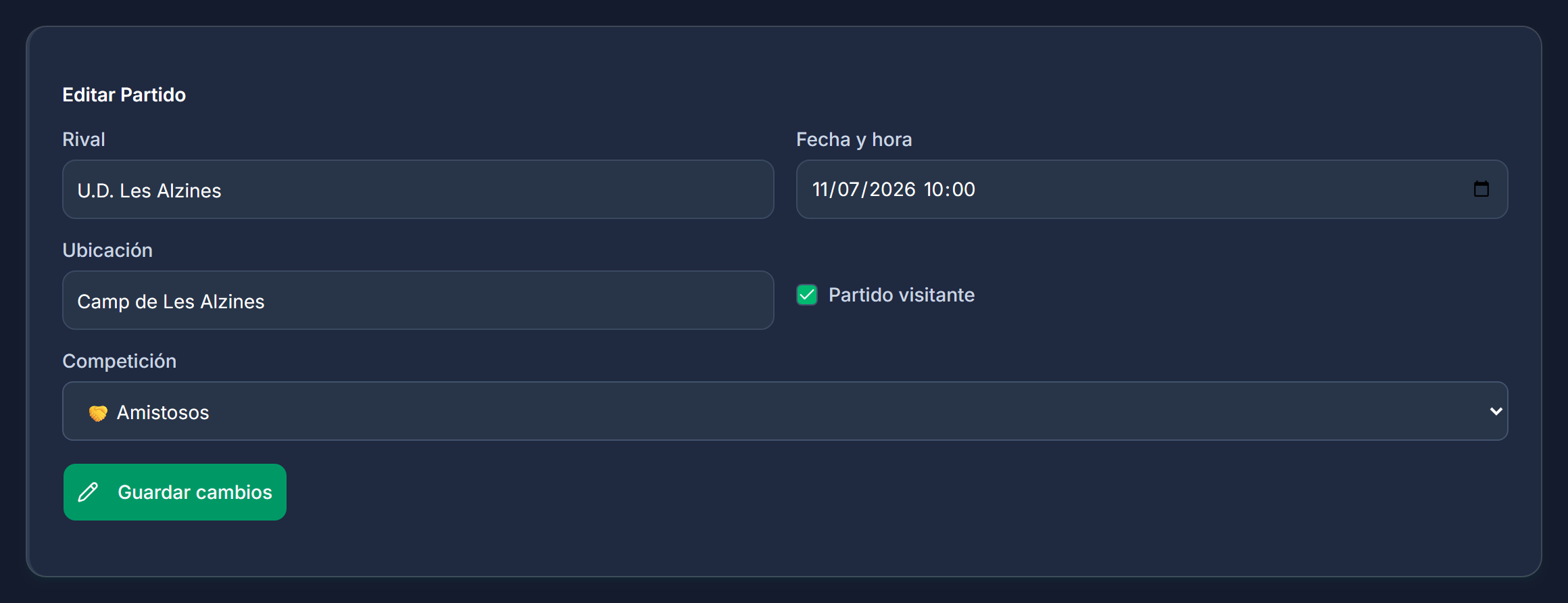 Formulario de edición con los datos del partido precargados.